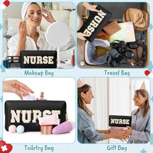CY2SIDE NURSE Letter Makeup Bag - White Chenille Letter Patch Cosmetic Bag Black PU Leather Patch Travel Pouch Waterproof Portable Zipper Travel Organizer Case Christmas Gifts for Nurse Women