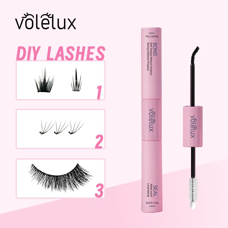 Volelux Pink Lash Cluster Glue & Sealant 2-in-1 Waterproof Lash Adhesive, Sensitive Eyes, Fast-Drying
