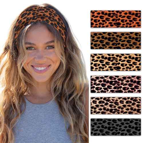 Headbands for Women Leopard Trendy Cheetah Wide Head Bands for Women's Hair Non Slip Wraps Elastic Stretchy Bandanas Workout Fashion Hair Accessories Birthday Gifts for Valentines 6PCS