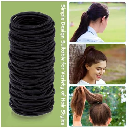 Reusable Black Elastic Hair Ties for Women & Kids - No Metal, 100 Pack, 4MM