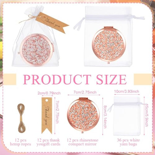 12 Sets Small Compact Mirror Round Pocket Makeup Mirror with Thank You Tags, Twine, Organza Bags Magnifying Rhinestone Cosmetic Mirror for Purse Women Girls (Classic Colors)