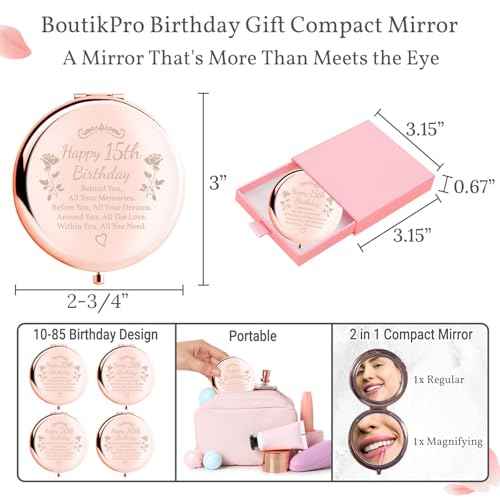 Birthday Gifts for Women Makeup Mirror 10th-85th Birthday Gifts for Sister Mom BFF Daughter Grandma Granddaughter - Milestone Birthday Presents 2-in-1 Compact Mirror (15th Birthday)