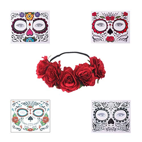 Sugar Skull Temporary Face Tattoo Kit - 4 Sheets + Headband