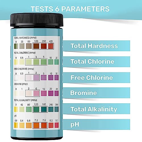 Hot Tub and Pool Test Strips - 6in1 Quick & Accurate Hot Tub, Spa, Pool Test Strips - 100 Water Test Strips, Water Test Kit with E-Book - Test Chlorine, Bromine, pH, Hardness, Alkalinity - JNW Direct