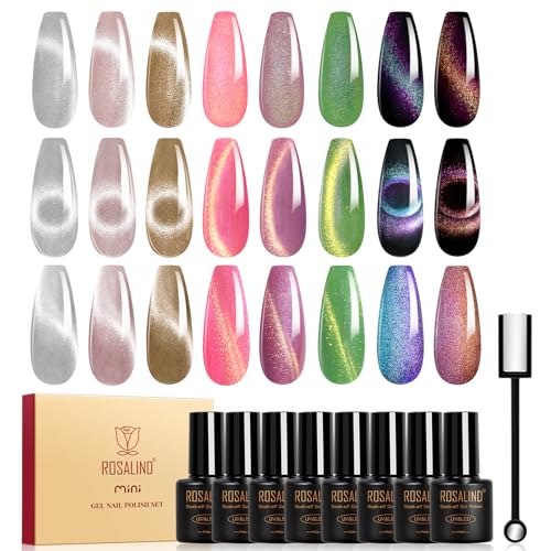 ROSALIND Cat Eye Gel Nail Polish Set - 8 Glitter Silver & Magnetic Colors