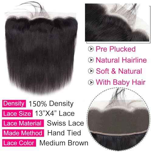 13x4 Ear To Ear Straight Lace Frontal Closure Transparent HD Human Hair With Baby Hair Knots 100% Virgin Remy Human Lace Frontal Closures 150% Density Natural Color (14 Inch,Straight frontal)