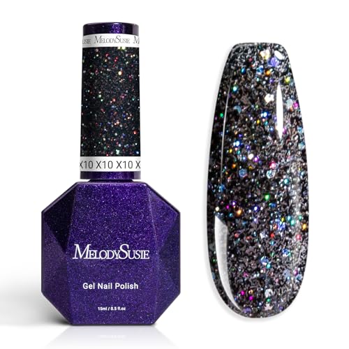 MelodySusie Colorful Black Glitter Gel Nail Polish 15ML X10 - Sparkly Long-Lasting UV/LED Soak Off Manicure
