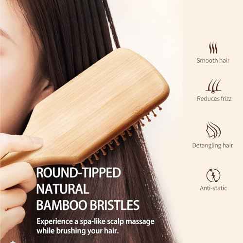 Bamboo Hair Brush with Natural Bamboo Bristles - Detangling Paddle Hairbrush for Women, Men & Kids - Wooden Brush for All Hair Types & Hair Growth