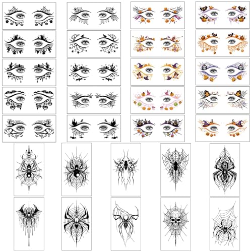 30 Sheets Halloween Eye Tattoos - Spider Web, Skull & Bat Designs