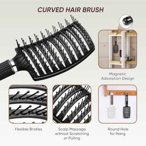 2 Pack Curved Vented Detangling Brush for Wet and Dry Hair, Paddle Styling Hair Brush for Faster Blow Drying, Detangler Brush for Women Men Curly Thick Hair