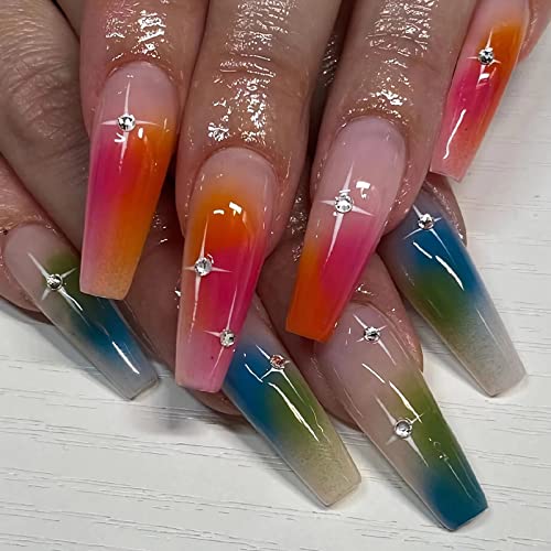 BABALAL Coffin Press on Nails Long Fake Nails Blue Pink Gradient Glue on Nails 24Pcs Ballerina Rhinestone Acrylic Nails with Design