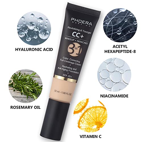 PHOERA CC Cream Foundation With SPF,PHOERA Full Coverage Foundation Color Correcting Cream,Anti Aging Hydrating Serum & SPF 25+ Sunscreen Natural Finish1.08 floz (120 Nude+140 Buff Beige)