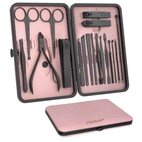 ZIZZON Nail Clippers Manicure Pedicure Set 18 in 1 Nail Grooming Kit with Leather Travel Case(Black/Pink)