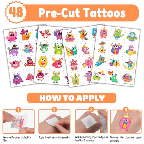 72PCS Monster Party Set - 48PCS Temporary Tattoos & 24PCS Slap Bracelets - Fun Monster-Themed Birthday Supplies, Baby Shower Gifts, Classroom Rewards & Party Decorations for Kids (Boys & Girls)