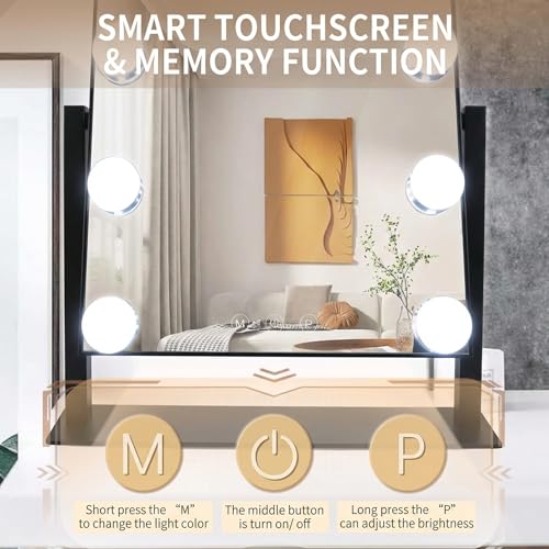 Hollywood Vanity Mirror with Lights, 12 Dimmable LED Bulbs Lighted Makeup Mirror with Detachable 10X Magnification, 1000mAh Rechargeable, 3 Color Lights, Touch Control,Black