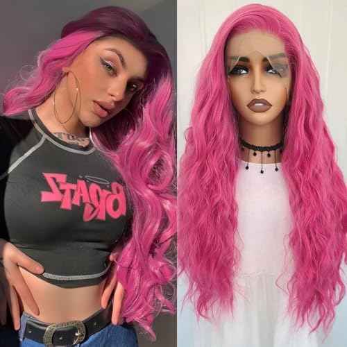 RONGDUOYI Hot Pink Wig Long Wavy Hair Wig Pink Curly Synthetic Lace Front Wig Water Wave Glueless Red Deep Wave Lace Front Wigs for Women Party Cosplay