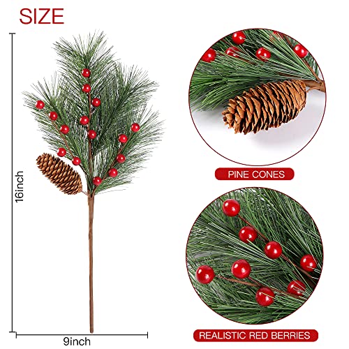 Sggvecsy 5 Pack Christmas Berries Pine Picks Artificial Red Berry Pine Branches Long Faux Pine Stem with Pinecones for Xmas Tree Wreath DIY Craft Floral Arrangement Holiday Season Decor