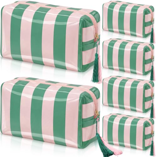 Gilprop 6 Pcs Clear Coated Makeup Bags Pink Green Striped Octagon Style Waterproof Cosmetic Organizer