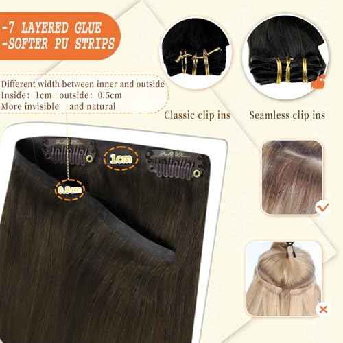 Full Shine Seamless Hair Extensions Clip in Dark Brown Clip in Hair Extensions Human Hair 18 Inch Invisible Clip ins PU Weft Remy Hair Add Volume 8 PCS 120 G