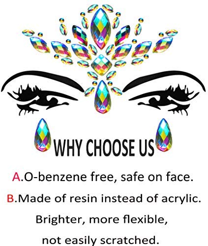 Face Gems Stickers - 4 Rainbow Rhinestone Designs, Self-Adhesive Festival Makeup