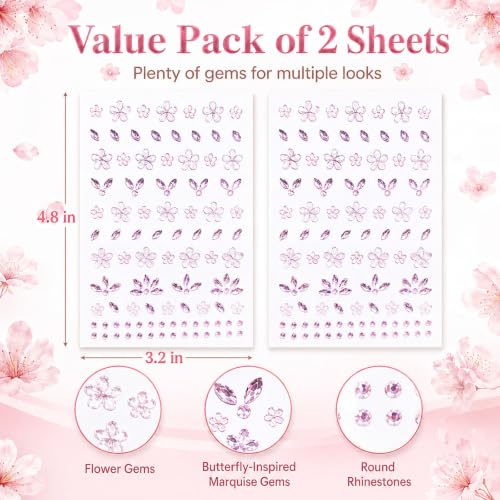 3D Pink Flower Face Gems Stickers - Self-Adhesive Rhinestone Jewels (2 Sheets)