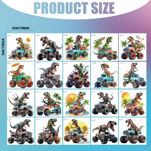 20 Sheets Monster Truck T-Rex Dinosaur Race Car Temp Bulk Temporary Tattoos Sticker,Super Cute Themed Birthday Party Favors, Supplies, Decorations, Fake Tattoo Stickers, School Rewards Prizes & Gifts