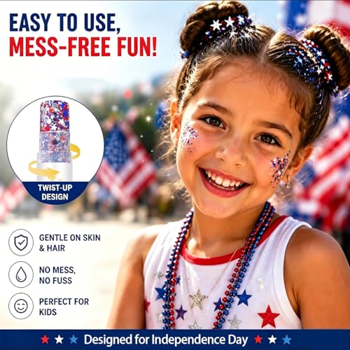 4th of July Red White Blue Body Glitter Stick (2PCS), Waterproof