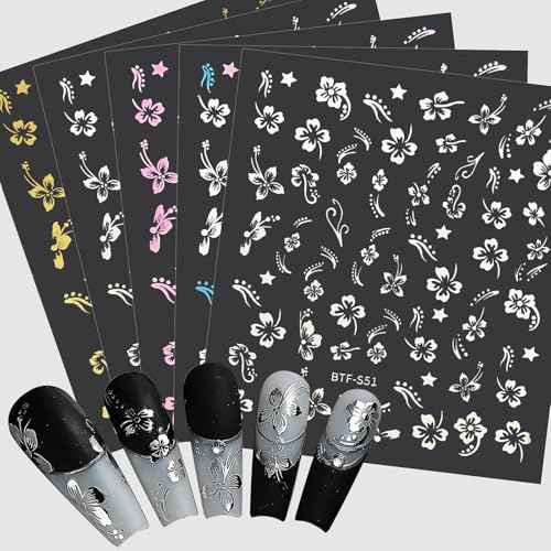 Flower Nail Stickers 10 Sheets Hibiscus Nail Decals White Pink Golden Clear Silver Decals Nail Art Decorations Nail Decals Nail Art Supplies Nail Designs for Women Manicure Tips