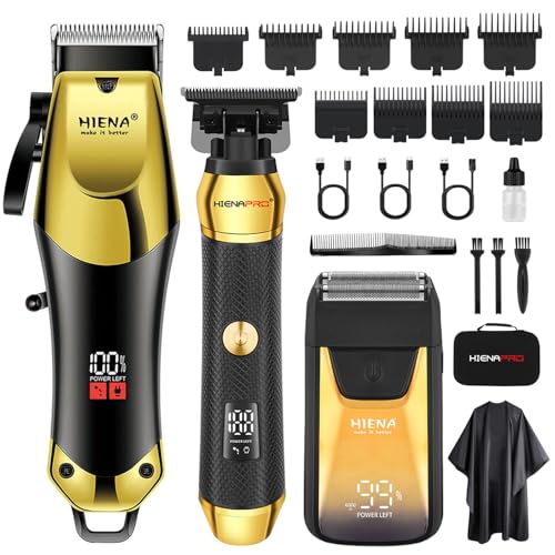 HIENA PRO Professional Cordless Hair Clippers for Men, T-Blade Beard Trimmer & Foil Shaver Set, Rechargeable Barber Clipper Kit and Hair Cutting Set, Facial Grooming Kit with LED Display