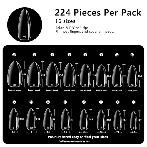BETE Medium Almond Clear Acrylic Nail Tips - 224 Pcs, 16 Sizes
