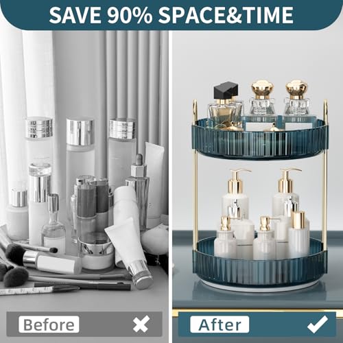360° Rotating Makeup Organizer - 2-Tier Cosmetic Holder in Blue