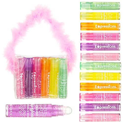 12pc Roll-On Lip Gloss Set with Maribou Case for Kids
