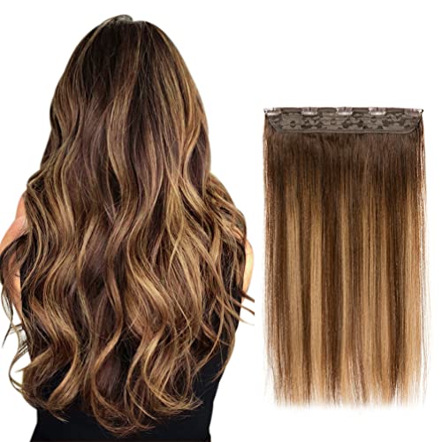 Winsky Hair Extensions Real Human Hair - One Piece Brown Balayage Remy Hair Extensions Clip on 70gram for Women (14inch, #4T27P4)