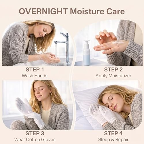 White Cotton Moisturizing Gloves for Dry Hands Sleeping (4 Pairs, Large)