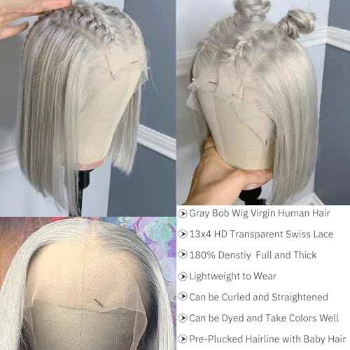 Ubetta Grey Bob Wig Human Hair 13x4 Lace Front Wigs for Black Women Glueless Bob Wigs Human Hair Pre Plucked Silver Grey Lace Front Wigs 12 Inch 180% Density Slightly Bleach Knots