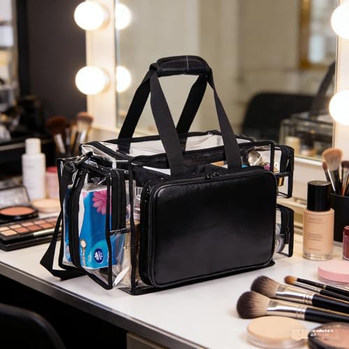 Clear Cosmetic Bag, Large Capacity Makeup Artist Kit Set, Waterproof Transparent PVC Hair Stylist Storage Organizer Beach Tote Bag with Adjustable Divider (Black)
