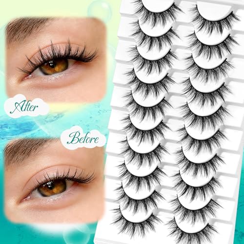 False Eyelashes Manga Lashes 10 Pairs Wispy Lashes Strips C Curl Fake Eyelashes 10-15mm Anime Lashes Fluffy Faux Mink Lashes Natural Look (FM03)