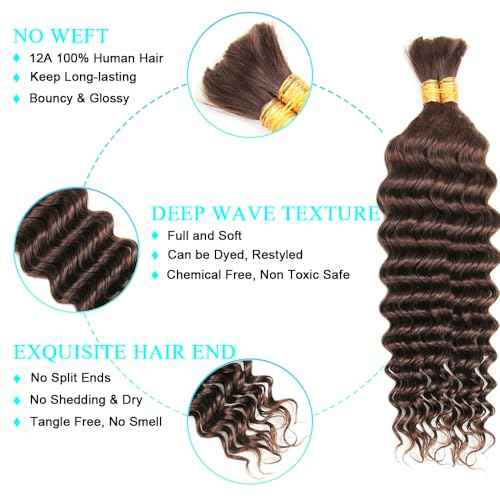 Human Braiding Hair for Boho Braids Human 110g 24 Inch Color 4 Deep Wave Boho Bulk Human Hair for Braiding 12A Deep Wave Bulk Bohemian 2 Bundles/Pack Chocolate Brown