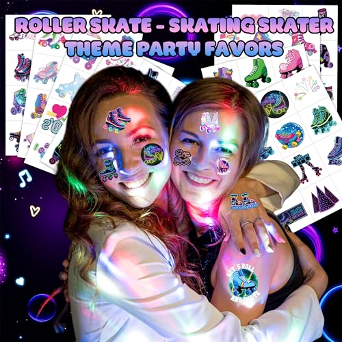 8 Sheets (96PCS) Neon Roller Skate Temporary Tattoos 80s 90s Theme Birthday Party Decorations Supplies Favors Stickers for Kids Girls Boys Gifts Classroom School Prizes Rewards