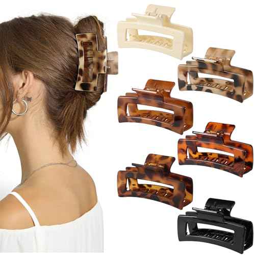 Auseibeely 6 Pcs Rectangle Tortoise Shell Claw Clip - 3.35 Inch Medium Hair Clips for Women and Girls, Non-slip Square Claw Clips for Thick/Thin Hair, Banana Jaw Clips Accessories for Christmas Gift