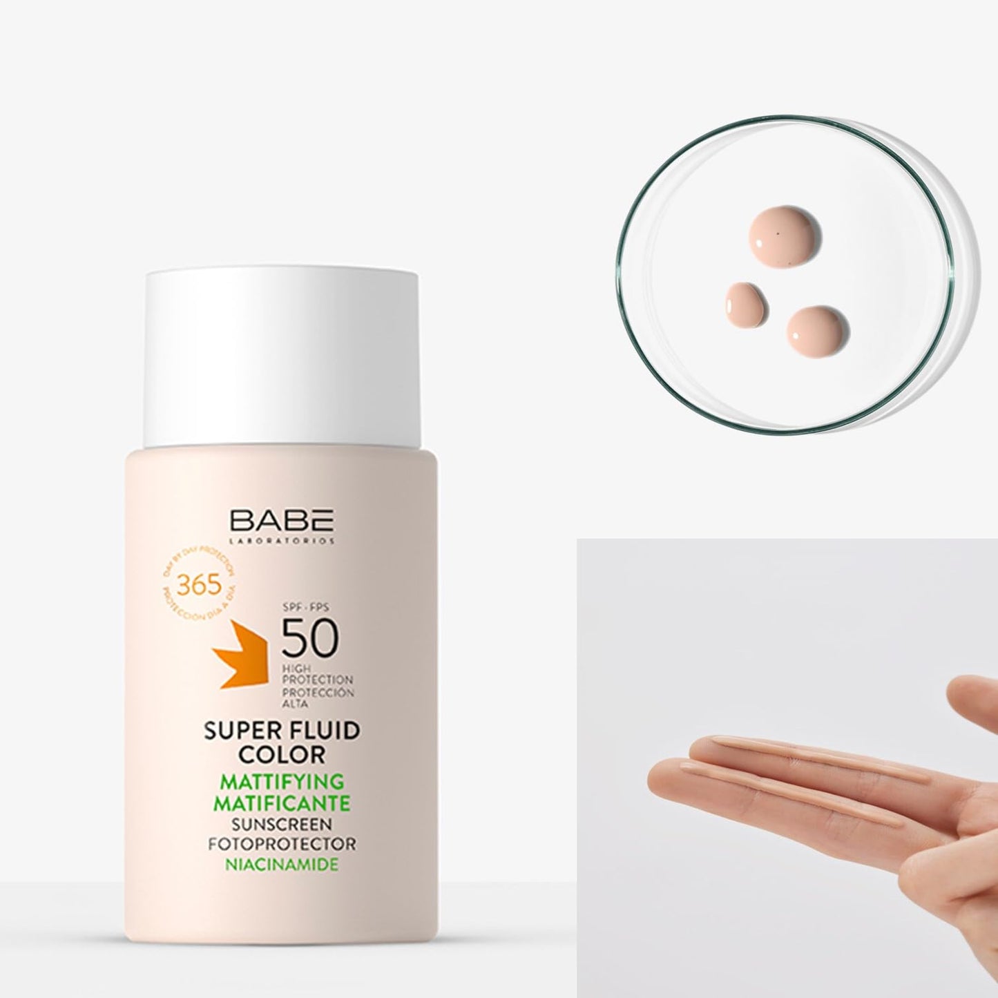 Babe Super Fluid Color Mattifying SPF 50 – Tinted Facial Sunscreen for Oily Skin – Oil-Free, Lightweight, Broad Spectrum UVA/UVB Protection – With Niacinamide & Carnosine – 50ml