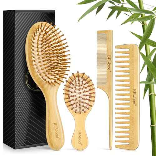 BFWood Bamboo Hair Brush Set, 4 PCS Natural Wooden Combs Paddle Detangling Hairbrush, Wide-tooth and Tail Comb and Mini Paddle Brush for Traveling, Suit for Women & Men