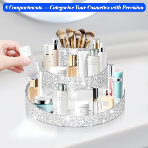 Yivaiks Bling 360 Rotating Makeup Organizer,Shiny Lazy Susan Cosmetic Storage Turntable for Skincare,Perfume & Lipstick,Glitter Round Spinning Tray with Brush Holder for Vanity,Bathroom (10"L x 10"W)