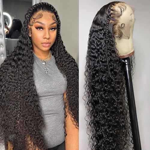 13x6 Water Wave Lace Front Wigs Human Hair Wigs 10A 30 Inch 250 Density HD Transparent Wet and Wavy Lace Front Wigs Human Hair Glueless Deep Curly Lace Frontal Wigs Pre Plucked for Women