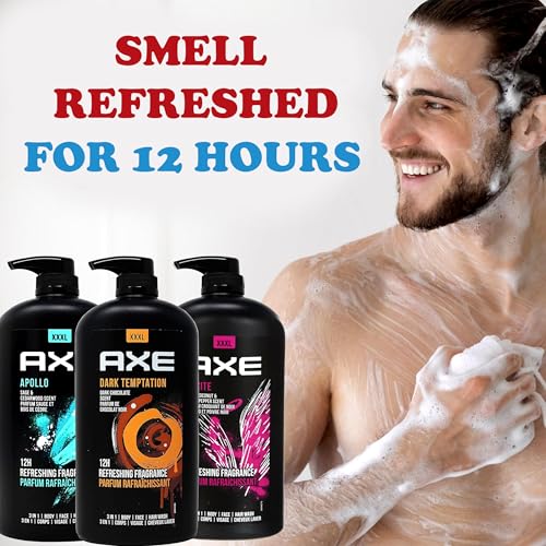 Axe Men's Body Wash Variety Set, Set of 3 Scents, Axe Dark Temptation, Apollo and Excite Body Wash, 3in1 Body and Face Wash in Pump Bottle, 33.8 Ounce Each