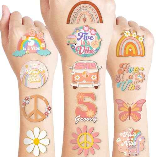 96 PCS Five Is A Vibe Pre-Cut Temporary Tattoos Themed 5th Birthday Party Decorations Favors Supplies D?cor Groovy Retro Boho Rainbow Hippie Die Cut Tattoo Stickers Gifts For Game Boys Girls School