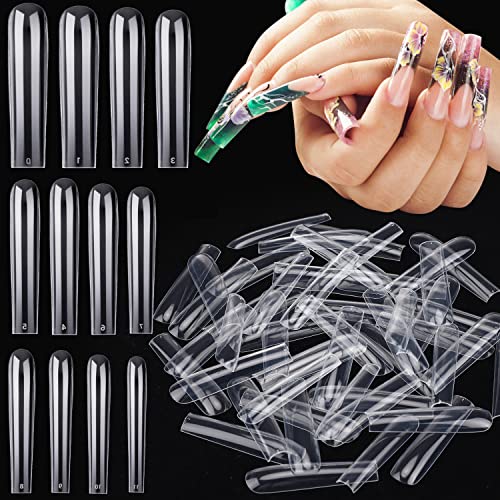 Noverlife 600PCS 3XL Extra Long C Curve Coffin False Nail Tips, Clear 10 Sizes, XXXL Super Long Ballerina Half Cover Fake Nails, Coffin Shape Artifical Fingernails for DIY Salon Nail Art Practice