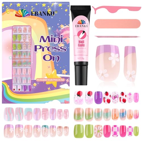 EBANKU Kids Press-On Nails Set A - 130 Fake Nails with Adhesives, French Flower Design, Child Friendly