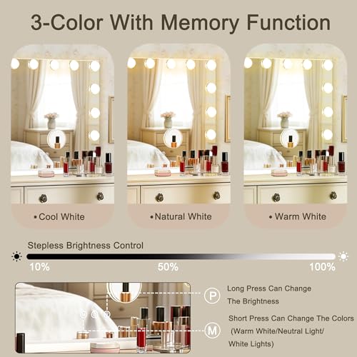 Hollywood Vanity Mirror with Lights, 23" x 18", 15 Bulbs, USB Charging