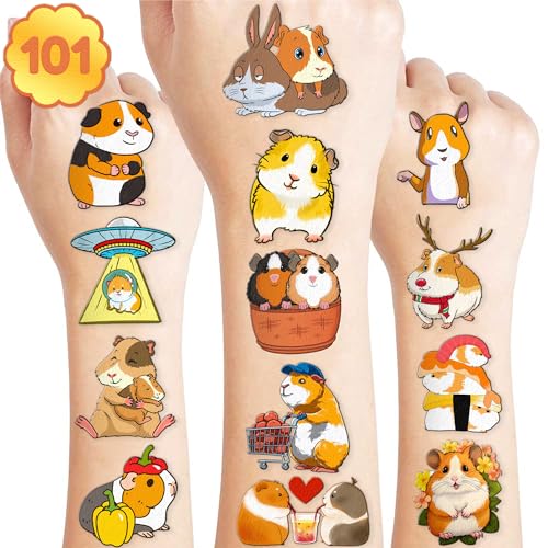 101 PCS Cute Guinea Pig Temporary Tattoos Themed Birthday Party Decorations Favors Supplies D?cor Hamster Pet Mouse Animal Tattoo Stickers Gifts For Game Boys Girls Classroom School Prizes Reward